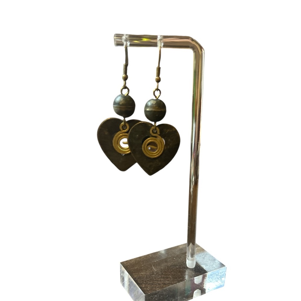 Handmade Heart-Shaped Gold and Black Earrings 2” length